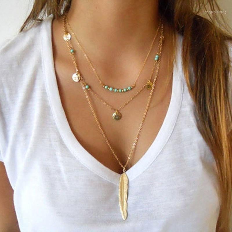 

Chains Simple Retro Crystal Feather Turquoise Bead Sequin Multi-layer Collarbone Chain Necklaces For Women Jewelry Gifts Wholesale