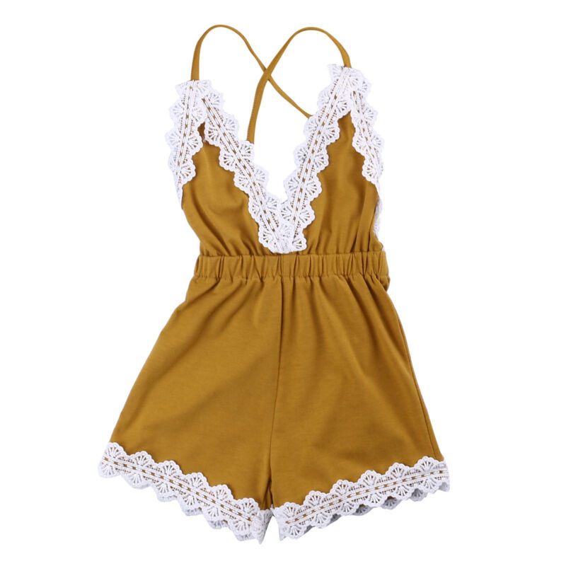 

0-24M Baby Girl Lace Strap One-piece Romper Toddler Jumpsuit Summer Clothes Girls Halter Lace Deep Clothing, Yellow