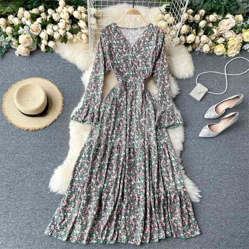 

Fashion V Neck Flare Sleeve Floral Print Elastic High Waist Women Dress Vintage Ladies Boho A Line Long Maxi Dresses Vestidos 210603, Green