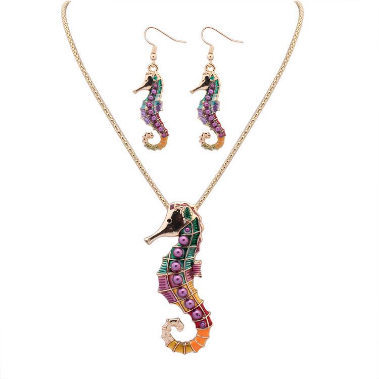 

Earrings & Necklace 2021 Fashion Gold Color Enamel Sea Horse Jewelry Sets For Women Colorful Animal Hippocampus Set Party Gift, As pic