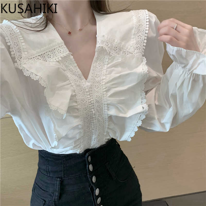 

Korean Elegant V-neck Shirt Lace Patchwork Ruffle Women Blouses Causal Puff Long Sleeve Spring Blusas Mujer 6E309 210603, White