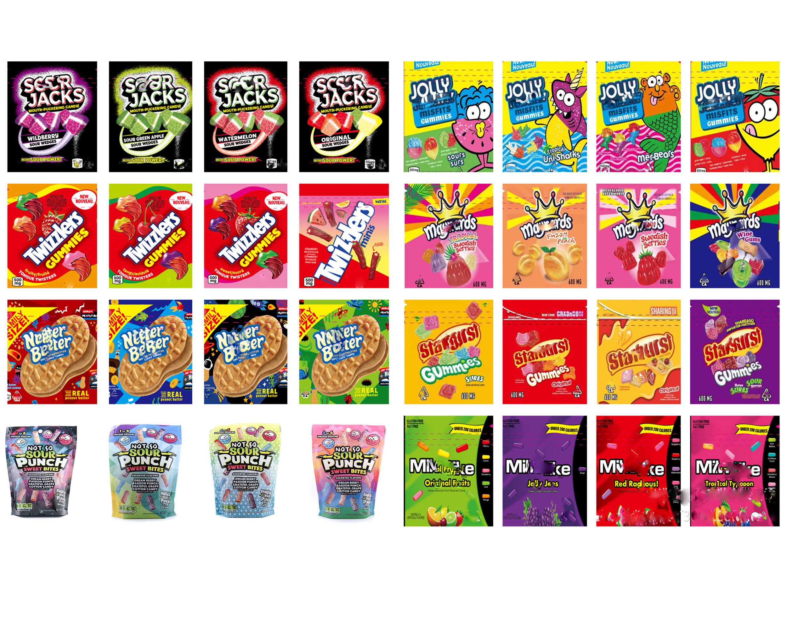 

Jacks Joes Nutter Butter Maynards twizzlers Gummies Mylar Bags Sour Punch sweet bites Tropical Typhoon Swedish Betties POP Edible Empty Edibles Packaging Bag