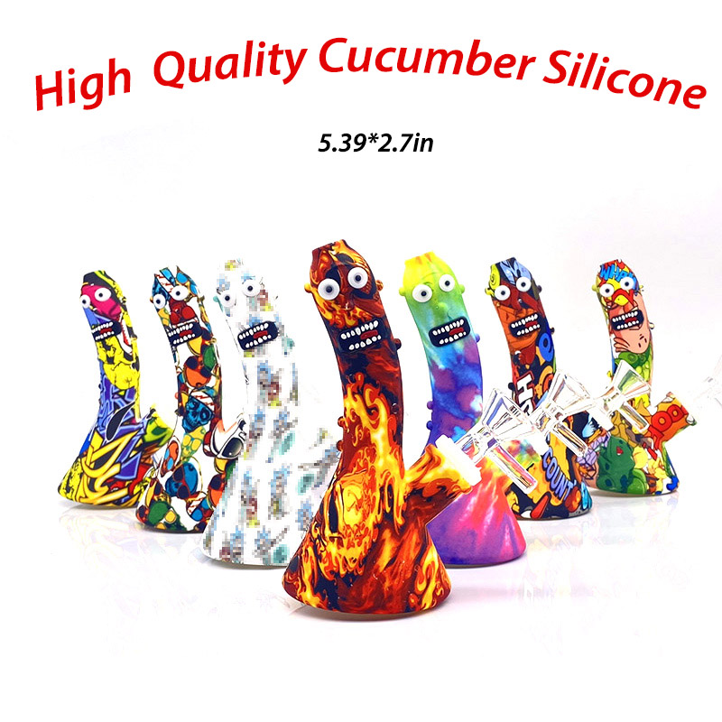 

Silicone Smoking Bongs Cartoon Printed portable Water Pipes for dry herb tobacco shisha hookah With Glass Bowl dab rigs Factory Outlet Free DHL