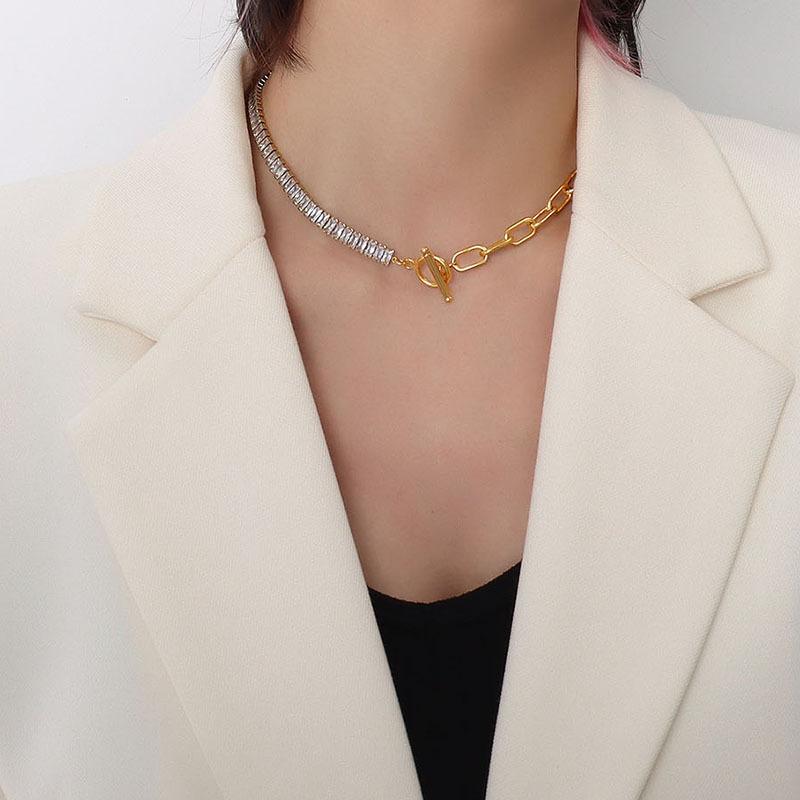 

Chokers 18K Gold Plated Stainless Steel Chain Full Zircon Splicing Necklace For Women OT Buckle Bracelets