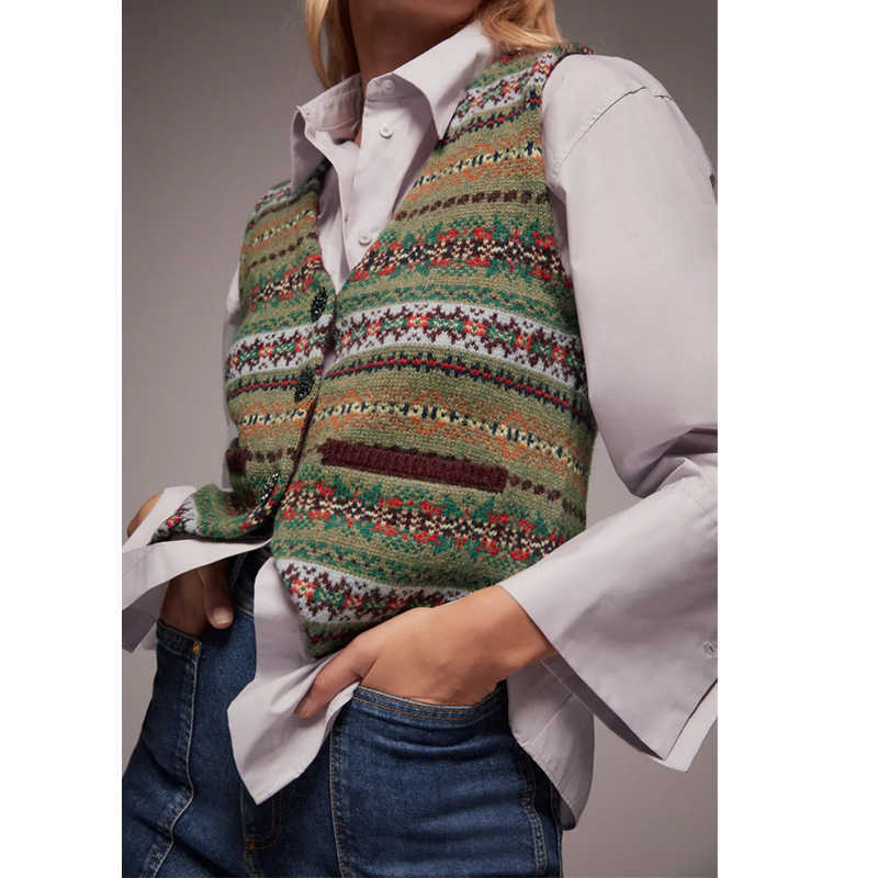 

ZA V-Neck Retro Printing Vest Cardigan Sleeveless Sweater Women Autumn Winter Self Cultivation Knitted Casual Fashion 210602, As picture