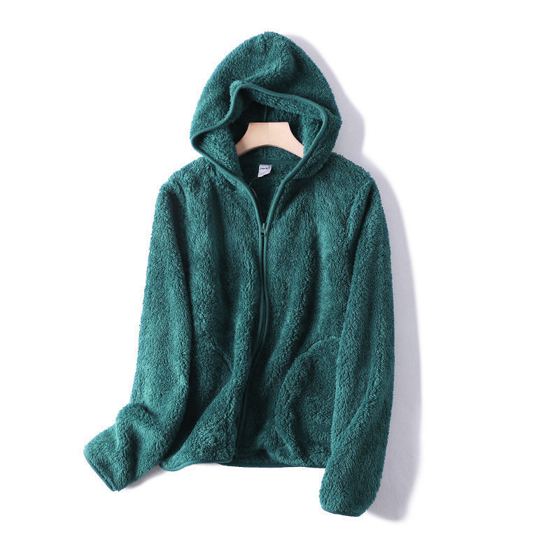 

2021 Autumn Winter Women Sweatshirt Artificial Wool Zipper New Hooded Ladies Casual Thick Outerwear Lamb Cashmere Coat 0PZY, Green