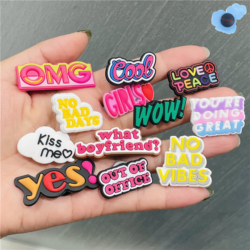 

12Pcs/lot Love Peace Girls OMG NO BAD VIBES WOW PVC Shoe charms Buckles Decorations Accessories Plastic ornaments Jibbitz for Croc shoes Fit, White;pink