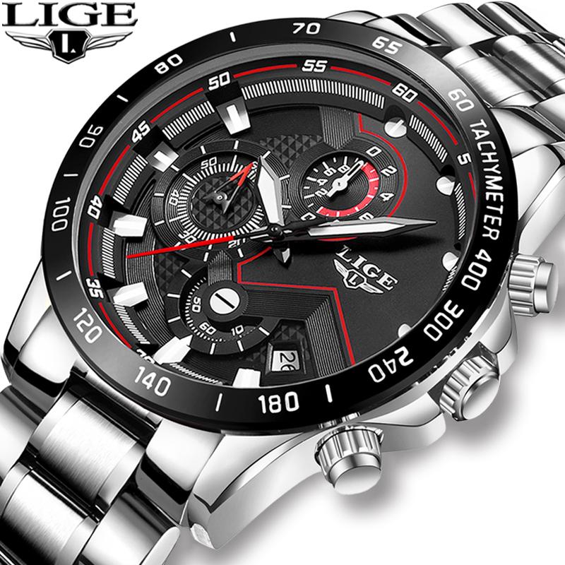 

Wristwatches LIGE 2021 Fashion Mens Watches With Stainless Steel Top Sports Chronograph Quartz Watch Men Relogio Masculino, Slivery;brown