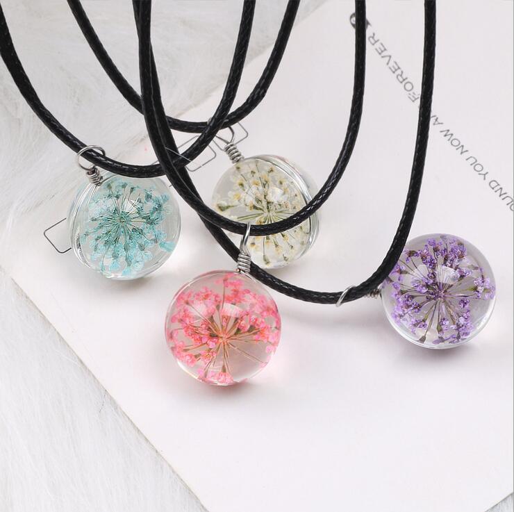 

Pendant Necklaces 1PC Dried Flower Glass Necklace 20MM Ball Handmade Rope Choker Fashion Friend Gift, Silver