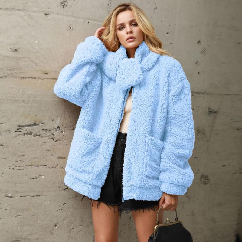 

Women' Fur & Faux Coat Women Autumn Winter Fluffy 2021 Plush Solid Scarf Collar Long Sleeve Lapel Loose Warm Soft Outwear, Blue