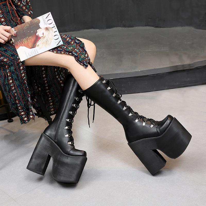 

Boots 16cm Black Platform Punk Style Autumn Winter Motorcycle Fashion Cosplay Shoes Goth High Heels Bottine Femme