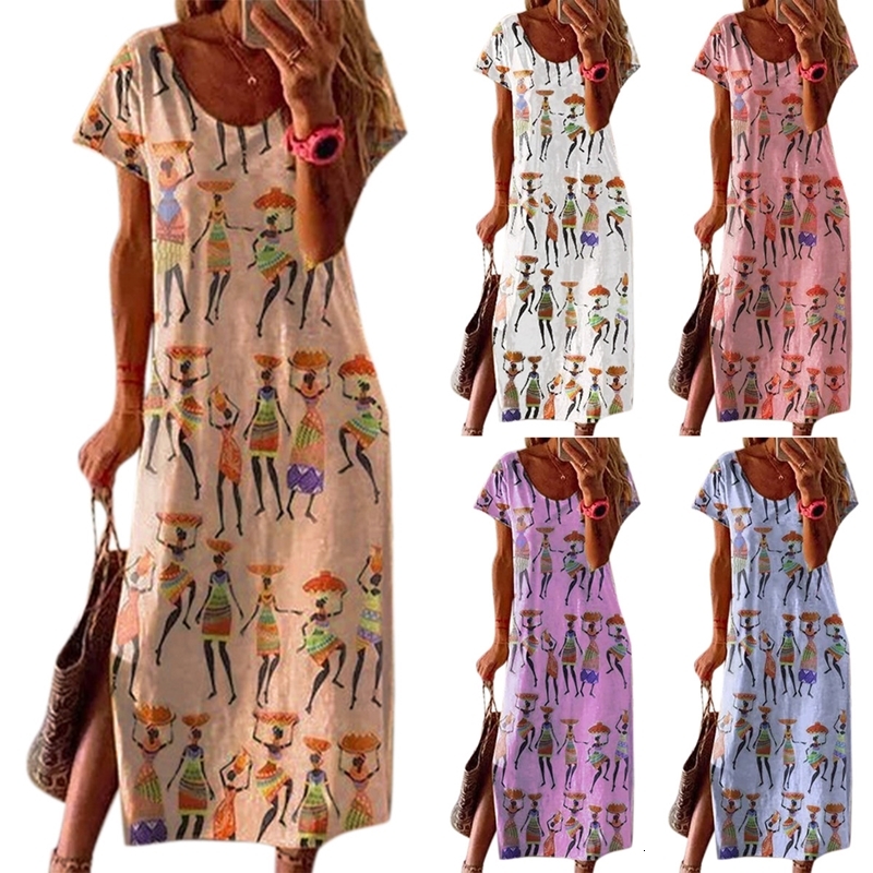 

2021 New Indie Folk O-neck Short Sleeve Summer Beach Sexy Boho Print Split Party Tunic Women Beachwear Maxi Es 8lm6, Khaki