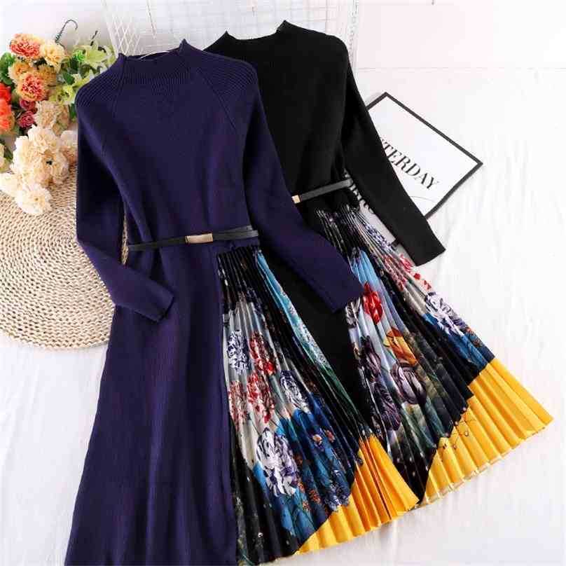 

women elegant dress spring autumn long sleeve with belt office dresses ladies patchwork printed Pleated vestidos 210525, Black