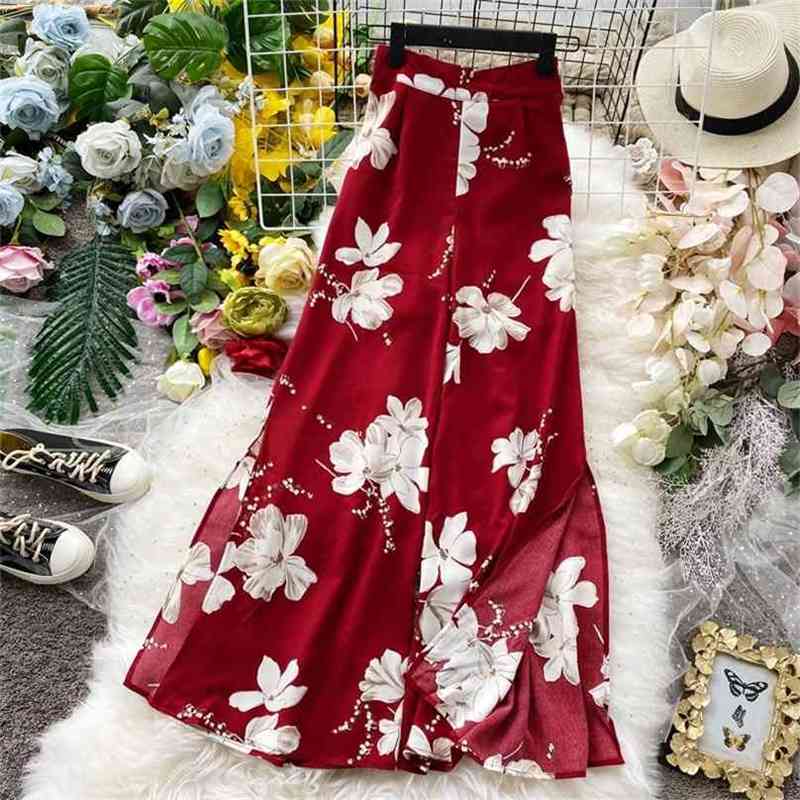 

Women Elastic Waist Pants Summer Floral Print High Beach Retro Female Wide Leg Loose Thin Mujer 210525, Red