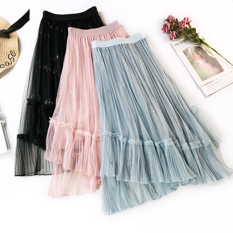 

Skirts Sweet Bud Silk Yarn Ruffled Skirt Irregular Pleated Princess Long Sparkling Dream Fairy Natural A-Line, Beige