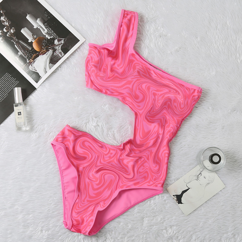 

f 2020 New Double Pink Open Waist Piece One Shoulder Women's Fashion Brand Star Swimsuit, White;black