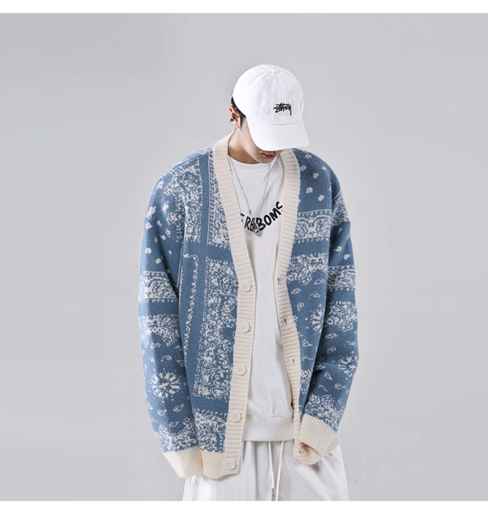 

Cardigan men's fashion brand autumn winter 2020 new cashew blossom loose Korean lazy style sweater coat, White;black