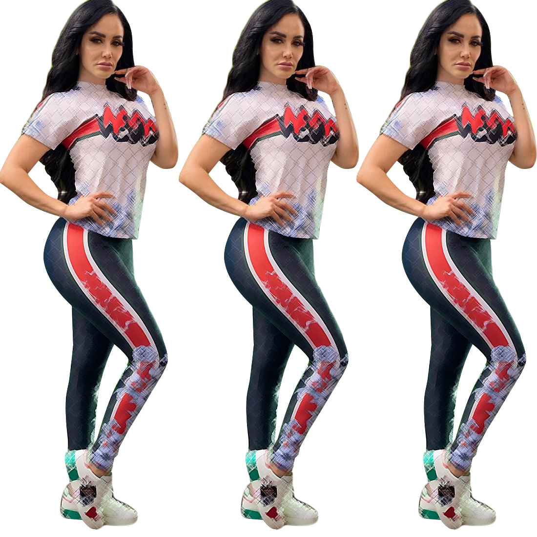 

Free Ship 2021 Women Fashion Letter Print Crew Neck Two Piece Pants Casual Short Sleeve T-shirt and Leggings Set Lady Sporty Tracksuits, Multi