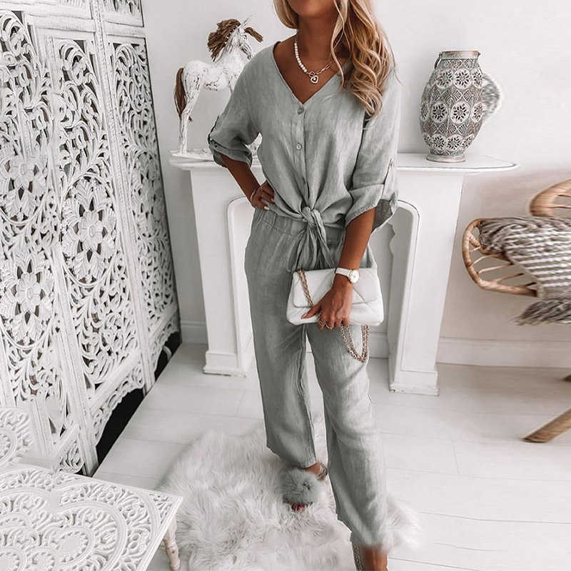 

Women Elegant Two Piece Set Long Sleeve V Neck Shirt Tops And High Waisted Drawstring Pants Suits Loung Wear Ladies Tracksuit 210709, Light gray