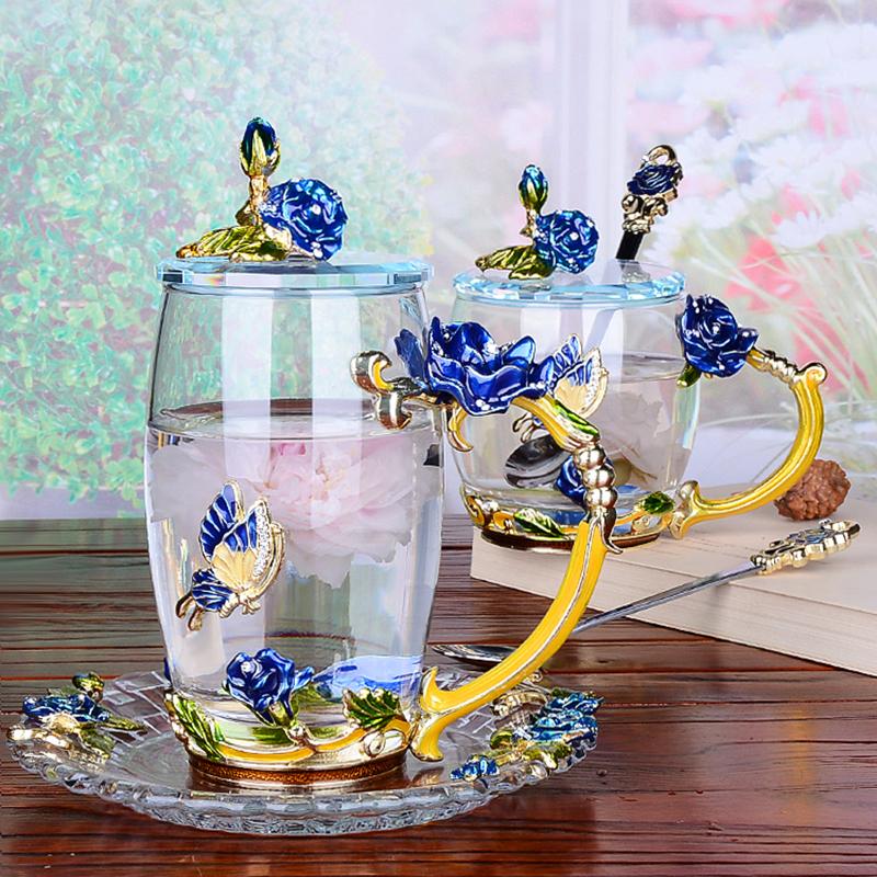 

Mugs Creative Blue Rose Enamel Crystal Tea Cup Coffee Mug Butterfly Painted Flower Water Cups Clear Glass With Spoon Set, 02