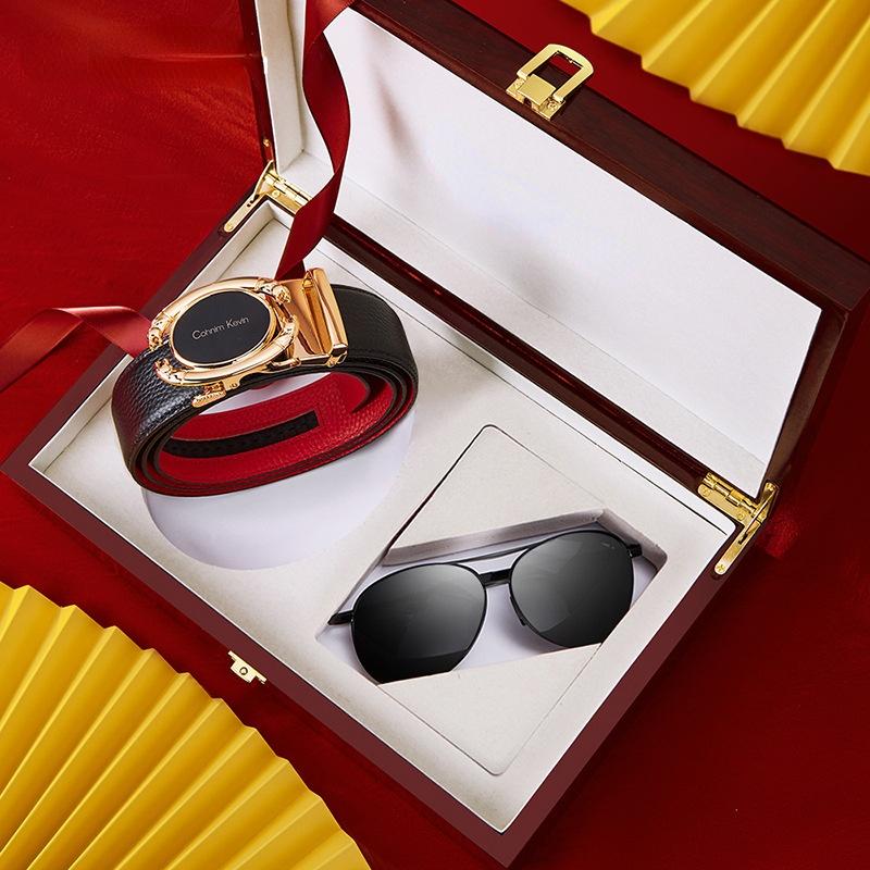 

Belts Style Men's Belt Gift Box Set Automatic Buckle Leather Festival Glasses, Black;brown