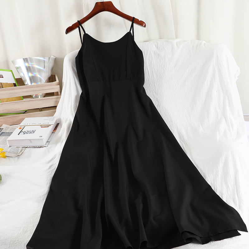 

Women Open Back Bottomed Suspender Dress Solid Color Round Colllar High Waist A-line Fashion Spring Summer MZ992 210525, White
