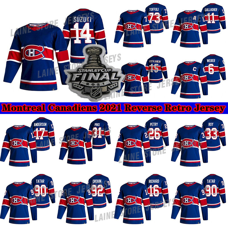 

Montreal Canadiens Jersey 2020-21 Reverse Retro 22 Cole Caufield 14 Nick Suzuki 31 Carey Price 73 Tyler Toffoli 11 Brendan Gallagher Hockey Jerseys, Blue retro 2021 stanley cup finals patch