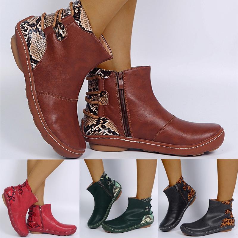 

Boots Retro Women Leather Flat Lace-up Serpentine Print Short Booties Round Toe Shoes Ankle Soft Patchwork Female, Brown