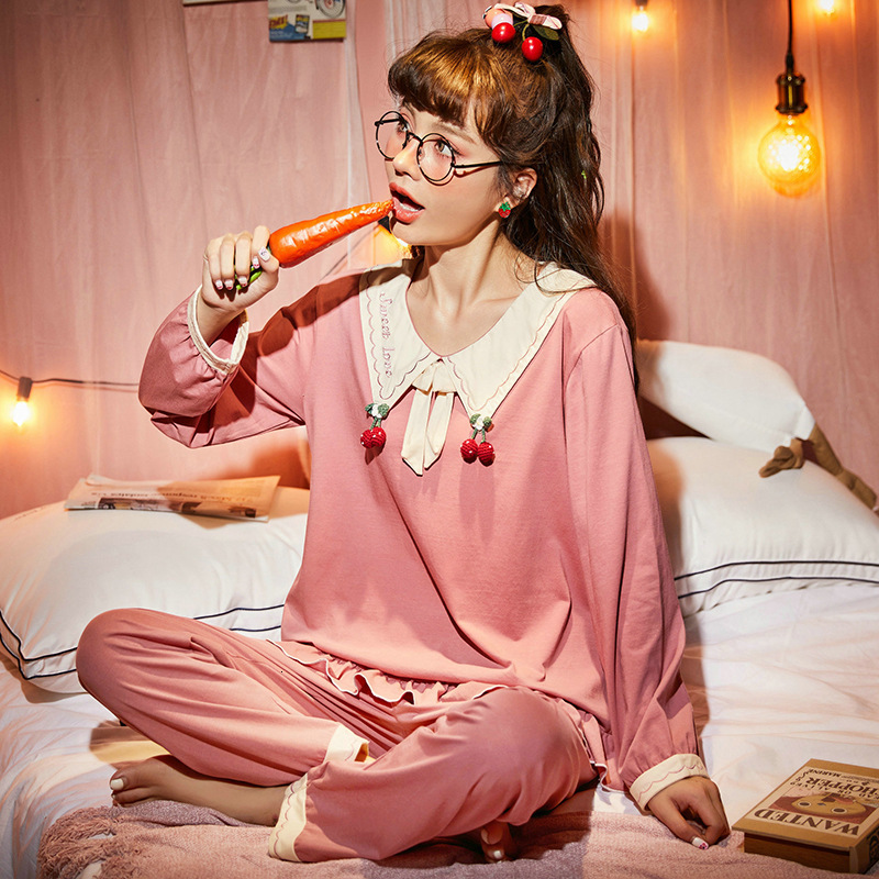 

Young, Pink Lady at 2pcs Fitz Cute Suit Is Cotton Upstairs a House Beep Spring Clothes Sweet New Autumn Bow to Cut Raples Nightwear M46e, Green