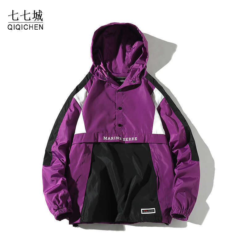 

Hooded Jackets Men New Patchwork Color Block Pullover Male Street Track Coat Fashion Tracksuit Coat Men Hip Hop Windbreaker X0621, New red
