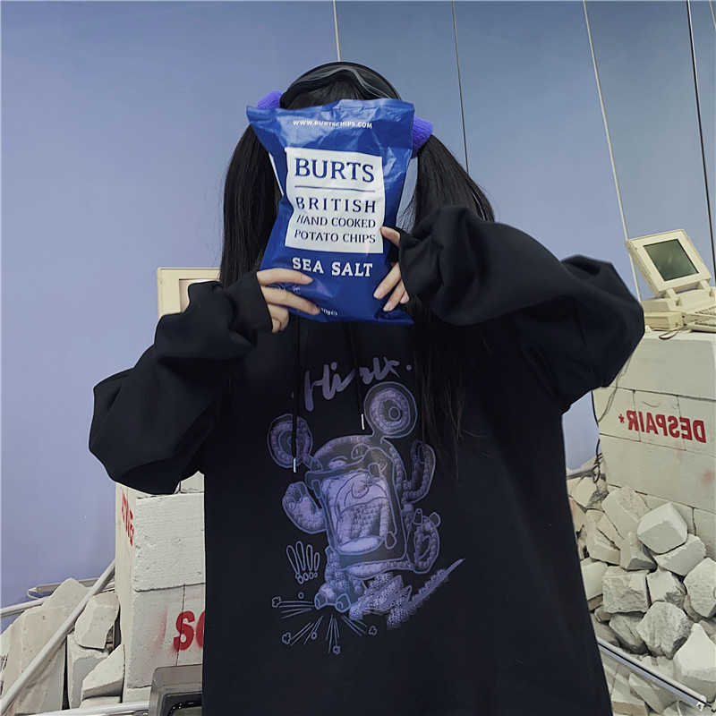 

Winter Harajuku casual streetwear hooded sweatshirt punk hip-hop fun Ulzzang cartoon print loose dark women clothing 210608, Black