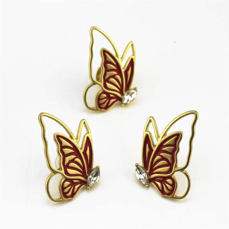 

Wedding Jewelry Sets Small Fresh Matte Gold Butterfly Shape Asymmetric 925 Silver Needle Earrings Openwork Red Enamel Brooch Set, Slivery;golden