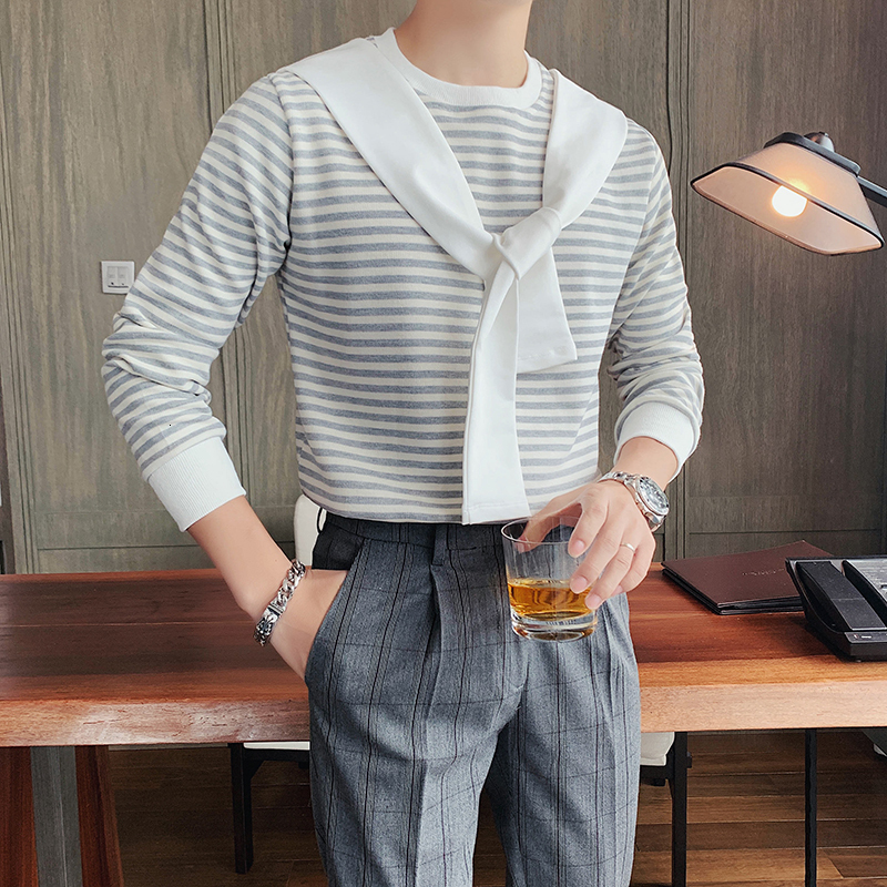 

2021 New High Quality Front Scarf Male Design Striped Casual Tops Long Sleeve Thin Neck Fit Streetwear Jumpers 3xl Mesh Rjbi, Games