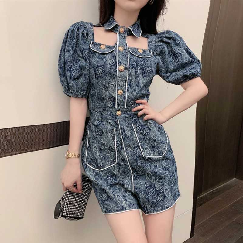 

Elegant Denim Jumpsuits Women Playsuits Summer Fashion Puff Sleeve Rompers Female Casual Overalls Wide leg Short Pants 210526, Photo color