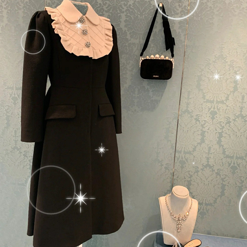 

2021 New Fall Hepburn Wind Black Mid-length Temperament Windcoat Coat French Light Luxury Stitching Doll Collar Gcjp