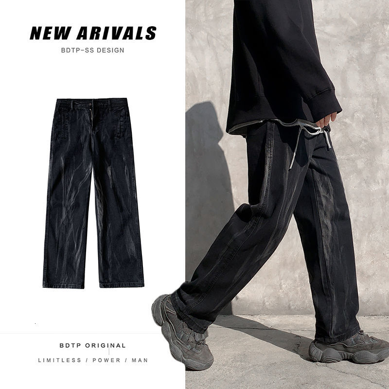 

2021 New Korean Style Tie-dye Men's Fashion Casual Retro Denim Pants Men Streetwear Loose Hip-hop Straight Wide-leg Jeans Mens 5u9m, Picture color