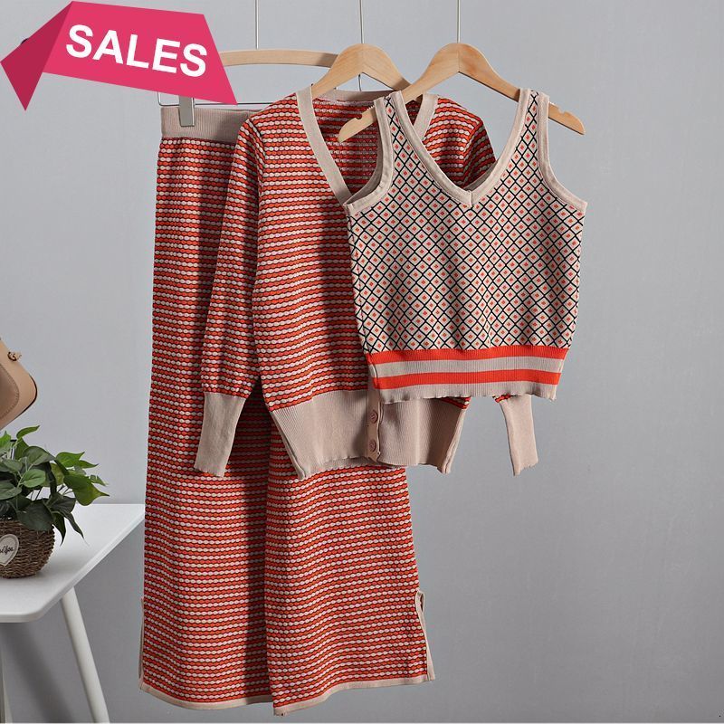 

New Spring 2021 Women's Tracksuit 3 Pieces Set Long Sleeve Women Cardigan Sweater+ Knitted Tank Top + Wide Leg Pant Suits DAQB, Red