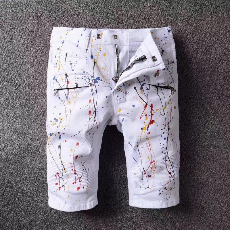 

2021 New Men's Male Trousers White Fashion Casual Denim Shorts Splash Ink Cxj2