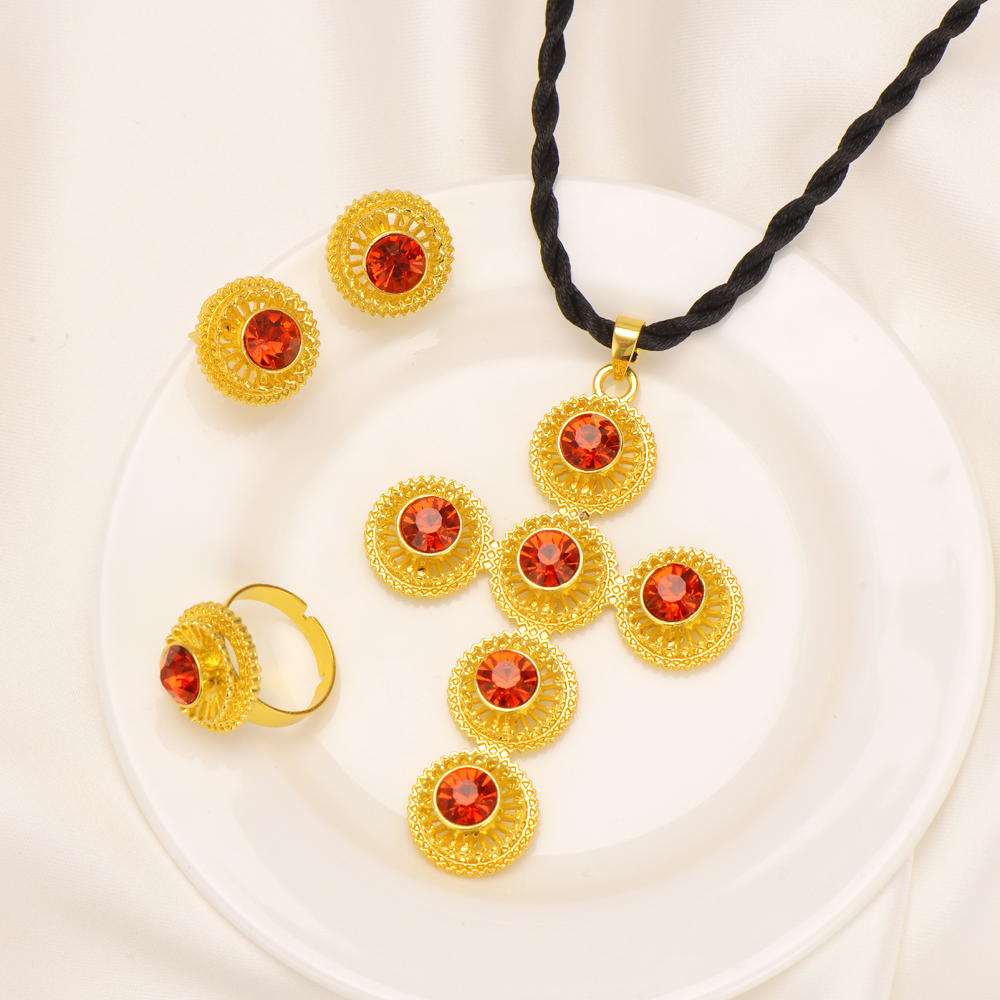 Women's 9 k THAI BAHT G/F Yellow Solid Fine Gold GF earrings ring Big Cross Pendant Chain Jewelry Sets red semi-precious Noble-image-716937494