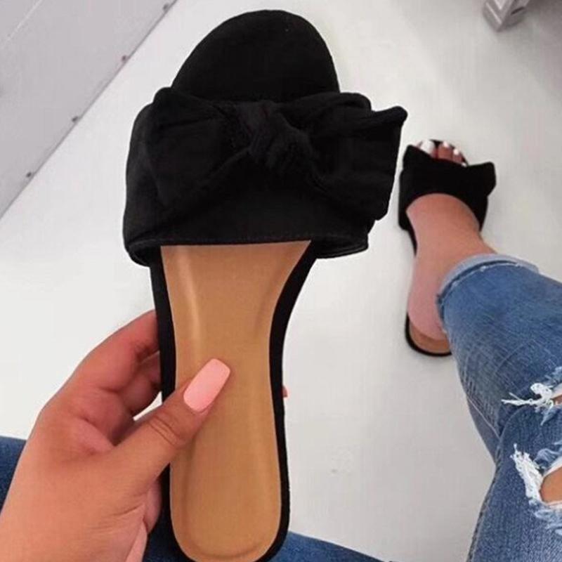 

Slippers 2021 Women Bowknot Flock Ladies Comfortable Platform Outside Flat Female Casual Summer Fashion Slides Plus Size, Apricot