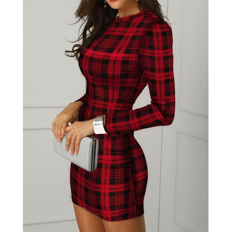 

Christmas Women Retro Red Plaid Fashion Long Sleeve Xmas Print Bodycon Evening Party Dresses For Ladies, Black;gray