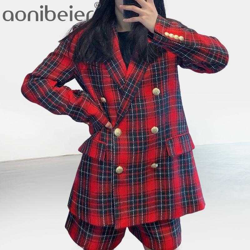 

Women Elegant Office Suit Red Tweed Plaid Blazer Woman Casual Shorts Vintage Double Breasted Two Pieces Set Outwear 210604, Short