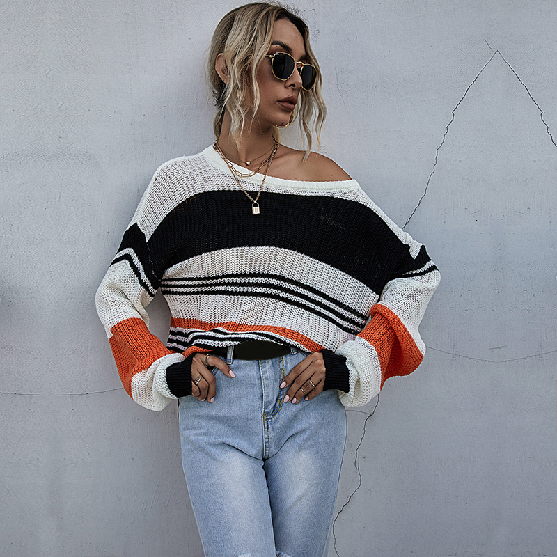 

2021 Casual Striped Knitted O-neck Oversized Jumper Girls Tops Fashion New Arrivals Autumn Vintage Women Sweater A03u, As picture