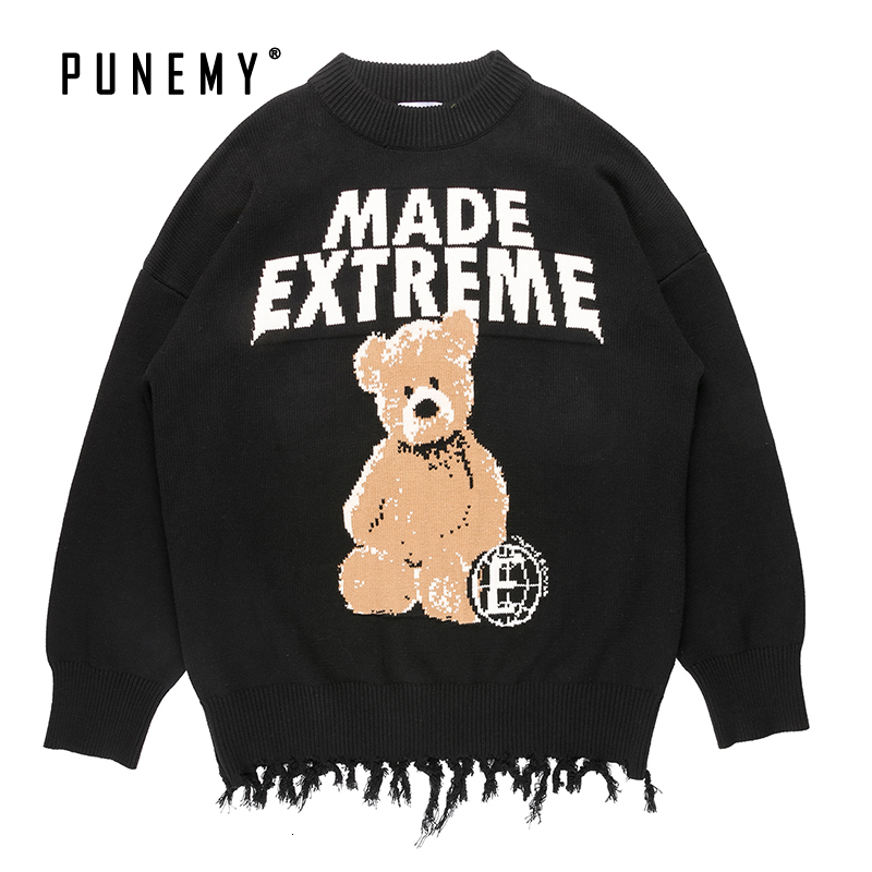 

2021 New Hip Hop Streetwear Men Teddy Bear Pattern Harajuku Retro Cotton Oversize O-neck Pullover Autumn Fashion Man's Sweaters Mo7c, Light grey