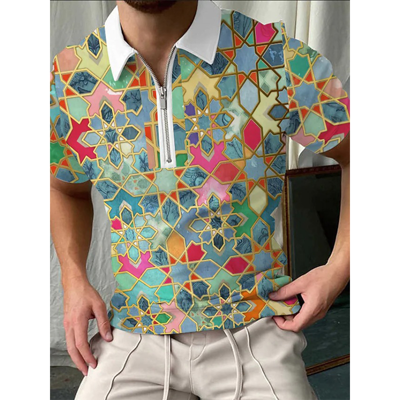 

Vintage oil painting flower pattern men's zipper polo shirt, high quality, comfortable, breathable, fashionable and cool, daily busines, White;black
