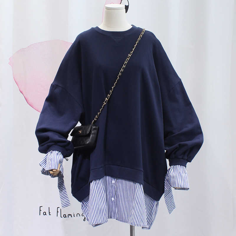 

Spring and Autumn Long Sleeve Sweater with Stripes Shirt Fake Two-piece Dress Round Neck Butterfly Women's 210615, Dark blue