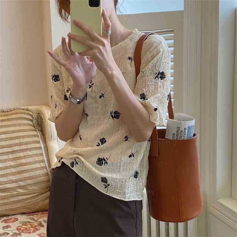 

Chic Casual Printed Florals Thin Tops Loose Femme Summer Short Sleeves All Match Pullovers T-shirts 210525, Yellow