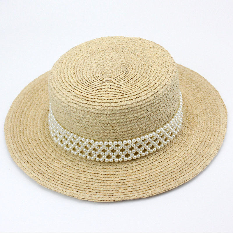 

2021 New Classical Ladies Sun Hats Luxury Pearl Band Handwoven Fine Raffia Women Summer Boater Panama Beach Hat Wide Brim Fedora Df8n, Beige