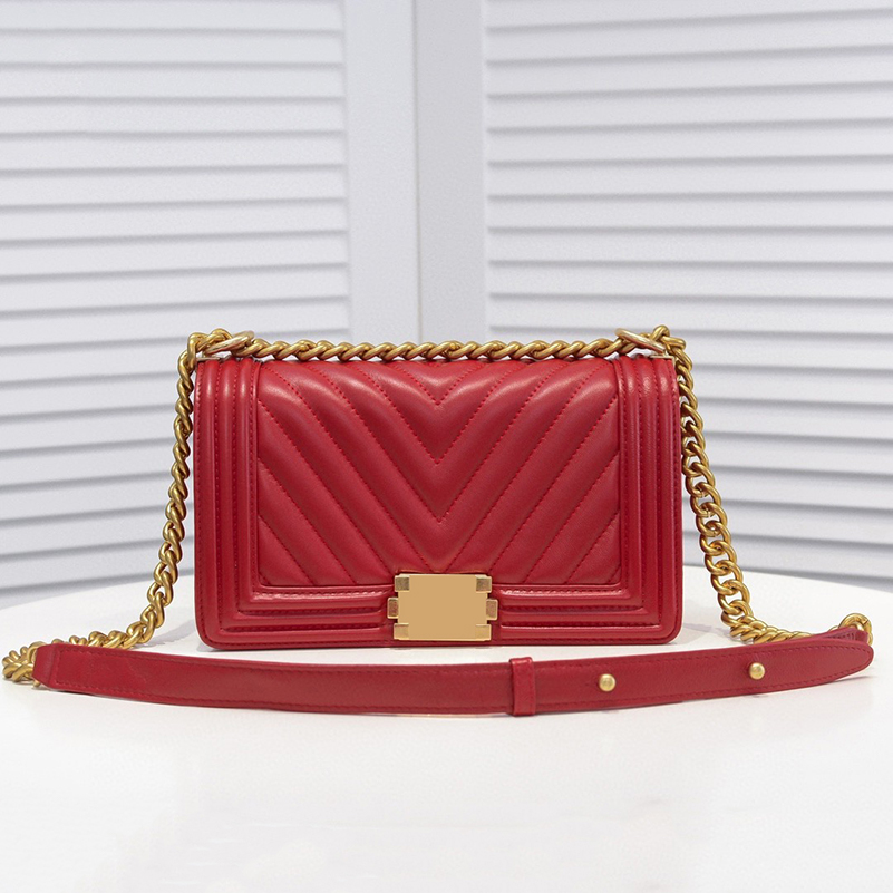 

Luxurys Designers Bags Channel Women Bags Handbags919 Fashion Chain shoulder bag Classic Stripes BOY Handbag Lambskin & Silver/Gold -Red