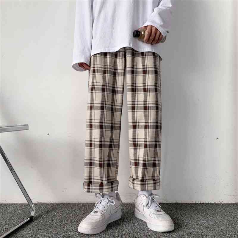 

men's pants autumn plaid fashion retro casual streetwear loose hip-hop drawstring straight trousers cjpl, Black